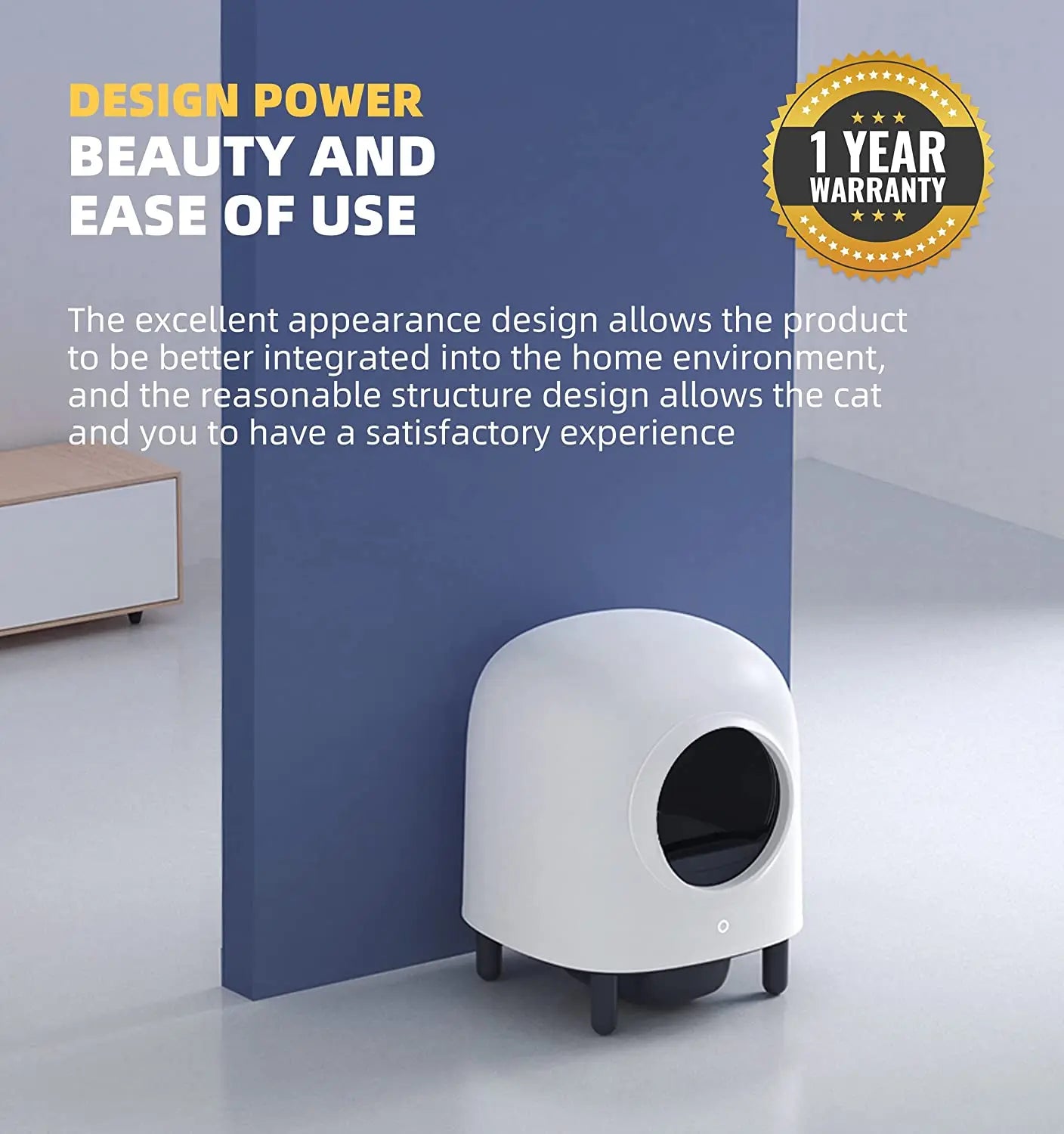 Automatic Cat Litter Box, Modern cat litter box with easy use and stylish design, backed by 1-year warranty.