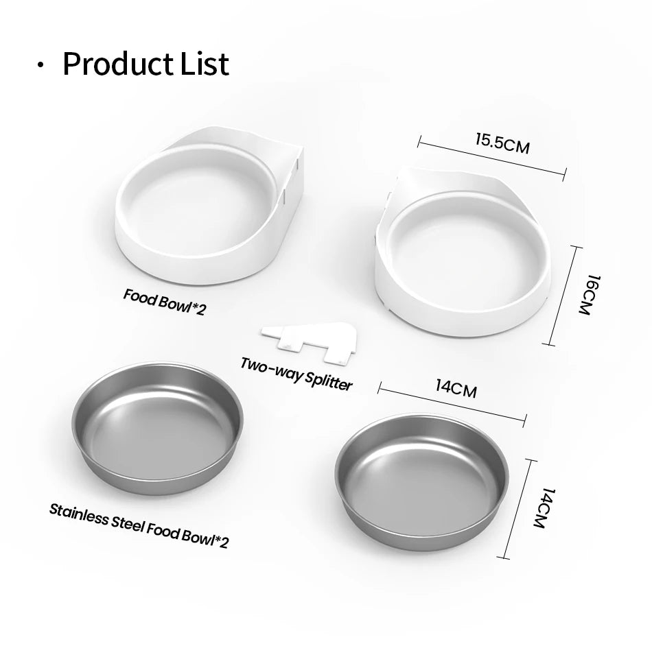 Pet feeding kit with 2-way splitter, 2 stainless steel bowls for Rojeco's automated feeder.
