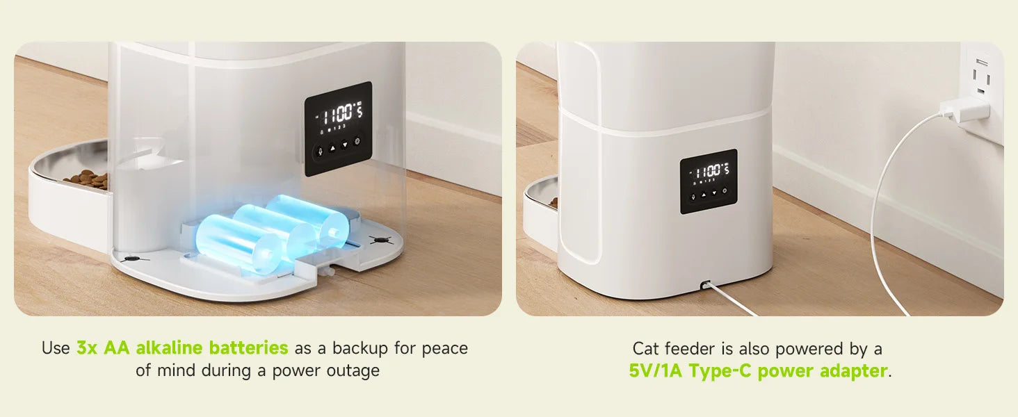 APETDOLA 3L Automatic Cat Food Dispenser, Smart cat feeder with battery backup and Type-C power adapter ensures continuous feeding during power outages.