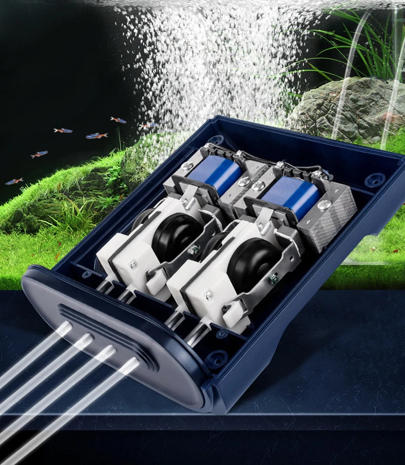 Silent Aquarium Oxygen Air Pump, Reliable airflow in deep water with four vents and 1.5m depth.