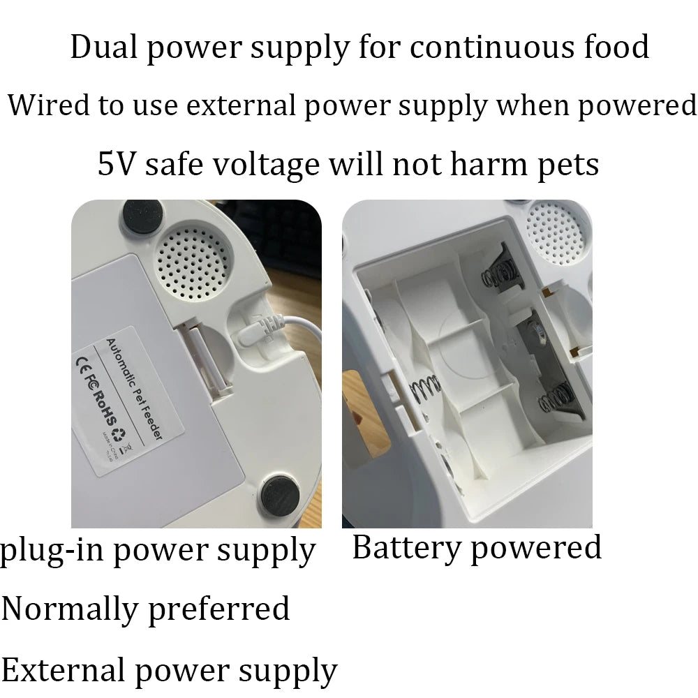 6L Automatic Pet Feeder, Portability and reliability: automatic pet feeder with battery and plug-in options.