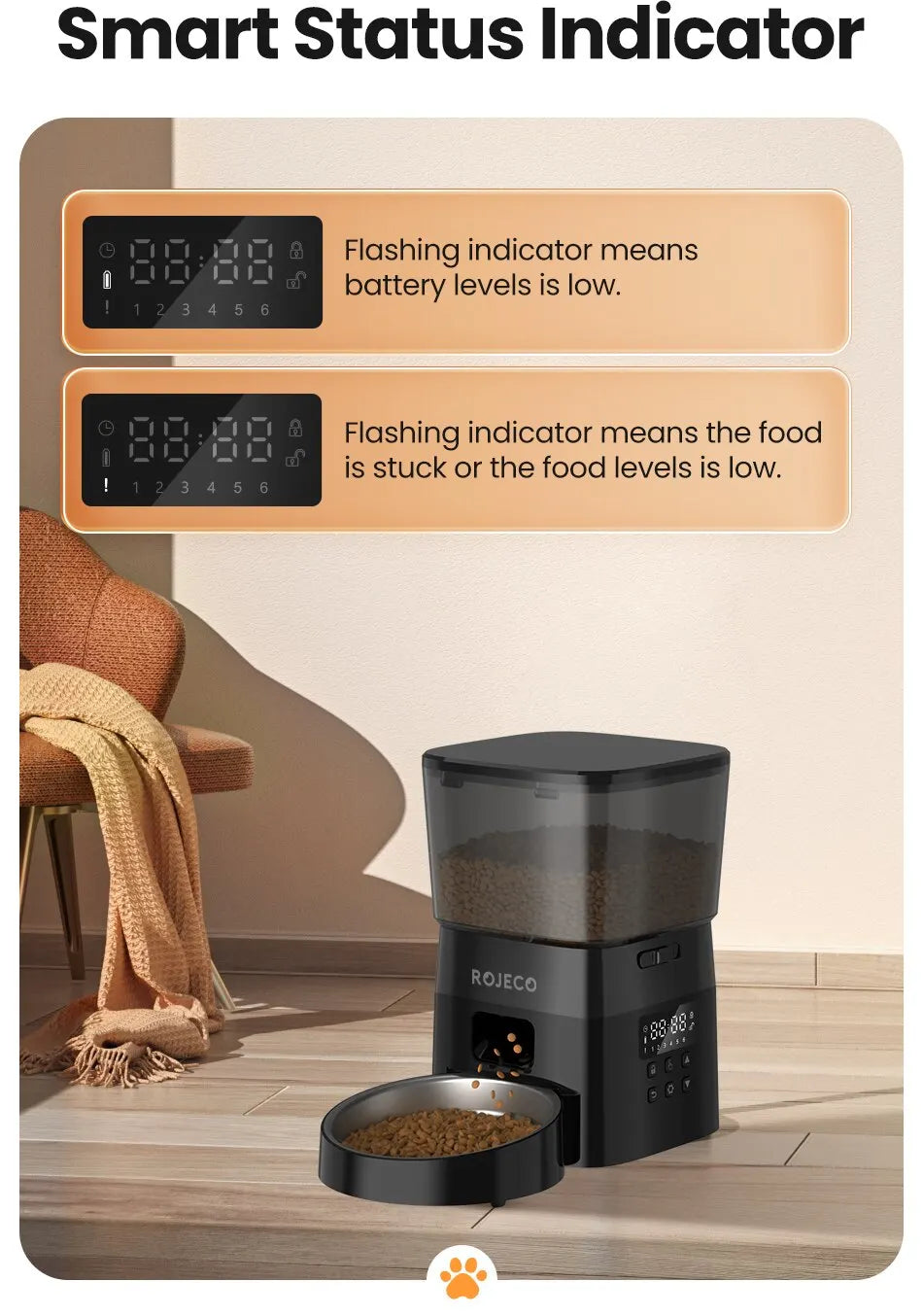 ROJECO 2L Automatic Pet Feeder, Smart feeder with flashing indicator shows low battery, stuck, or food level signals.