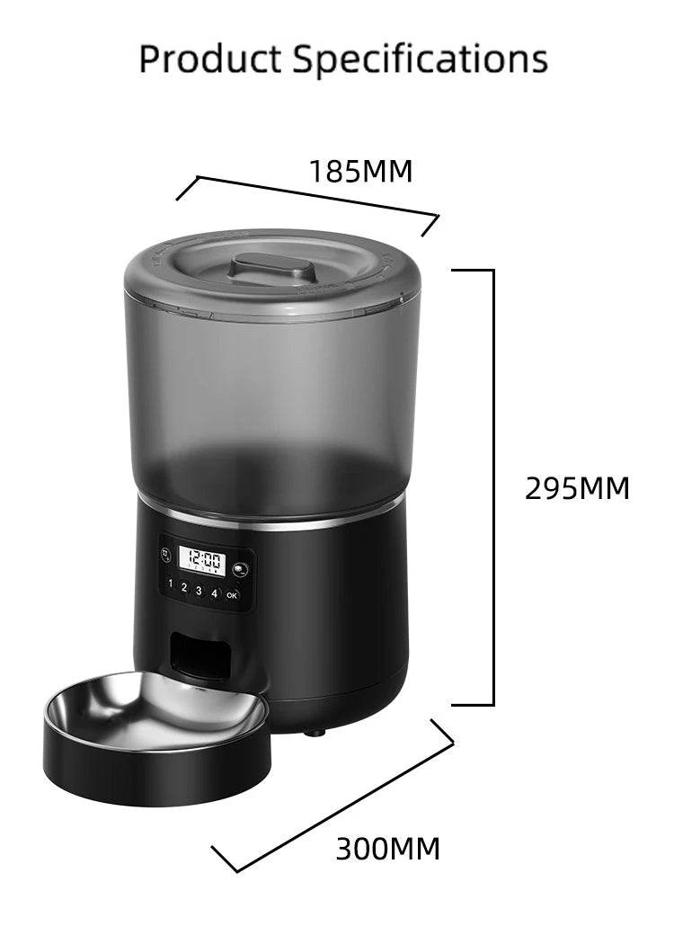 Tuya Smart WiFi 4L Pet Feeder, Dimensions: 18.5 cm x 29.5 cm x 30 cm (approximate size in inches)