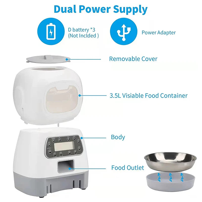 Cat Timing Feeder, Automatic feeder with removable cover, large food container, and outlet for easy feeding.