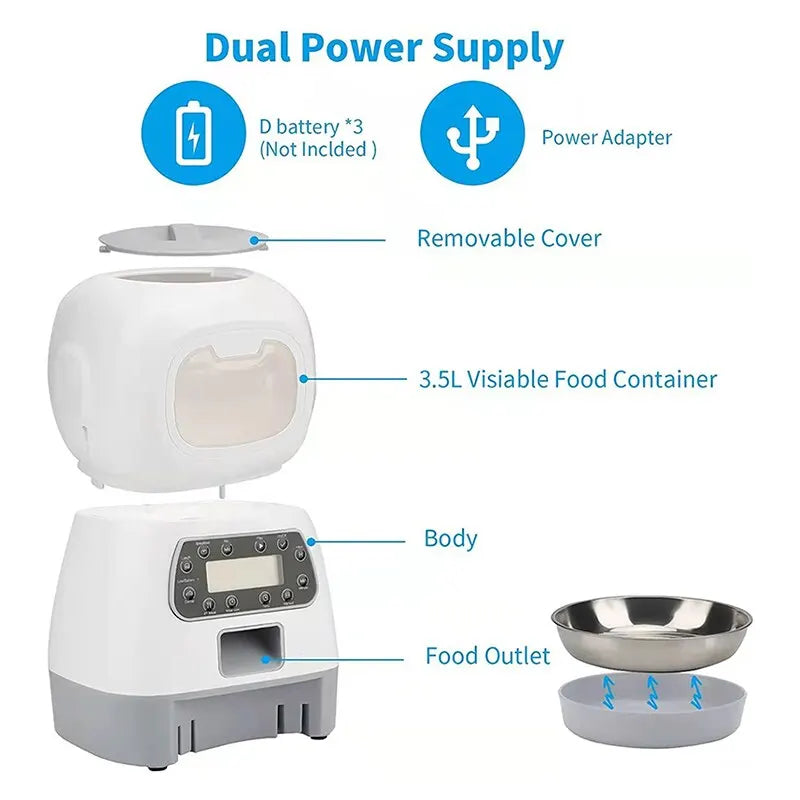 3.5L Automatic Pet Feeder, Automatic feeder with removable cover and food outlet, powered by dual D batteries or adapter.