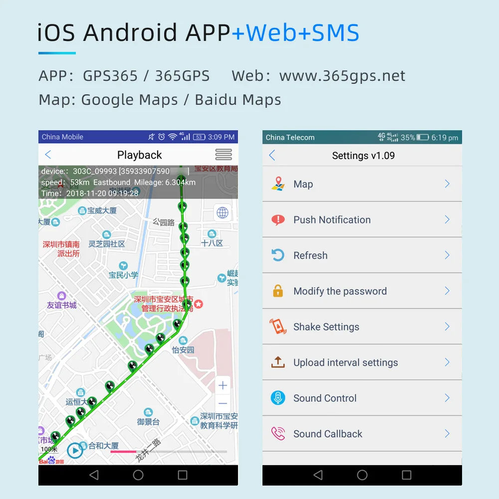 G12 Mini GPS GSM Wifi LBS tracker, GPS365 mobile app with real-time tracking on Google Maps/Baidu Maps, customizable settings, and network support.