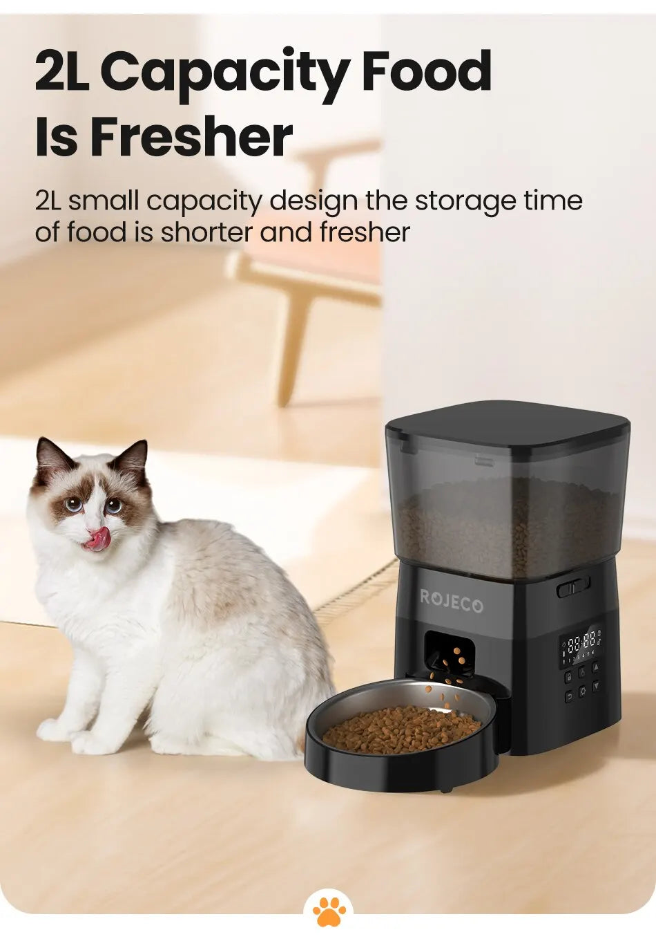 ROJECO 2L Automatic Pet Feeder, Features a 2L capacity, designed to store smaller amounts for freshness and reduced spoilage.