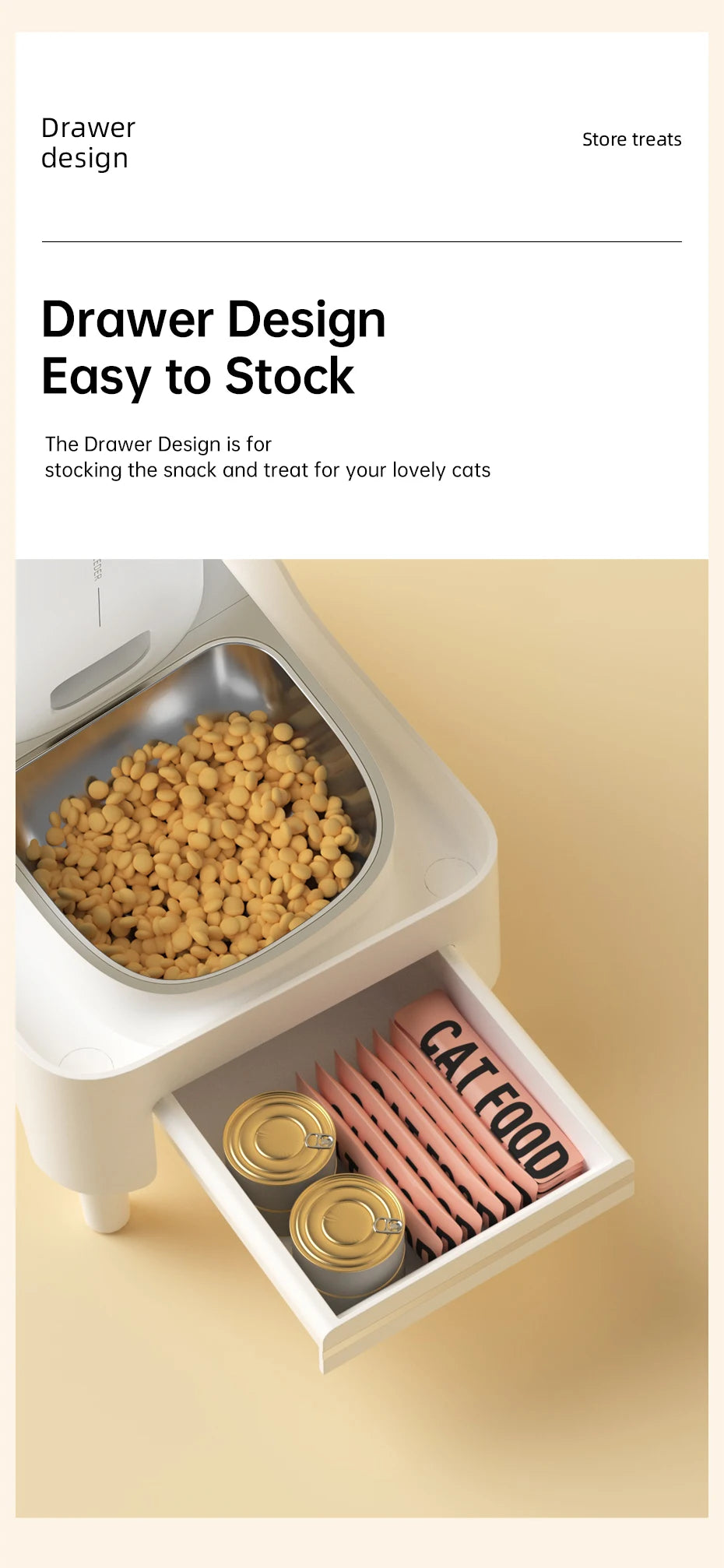 ROJECO Elevated Holder For Automatic Pet Feeder, Pet snack dispenser with easy-to-use drawer design for simple stocking and daily treat distribution.