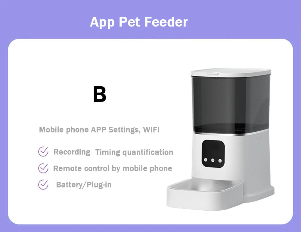6L Automatic Cat Feeder, Smart feeder with remote control, scheduling, and video recording via mobile app, powered by battery or plugin.