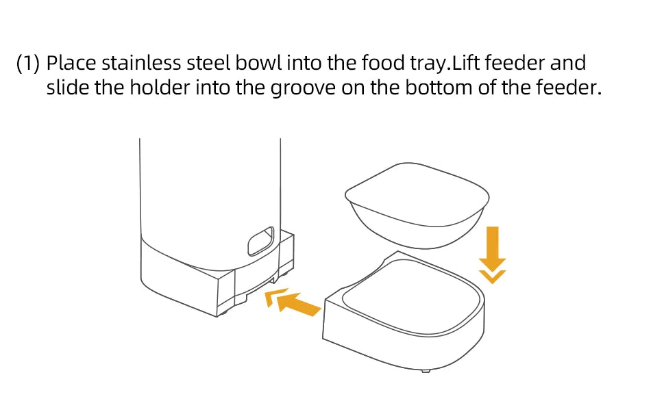 Attach stainless steel bowls to feeder's tray, then insert holder into groove.