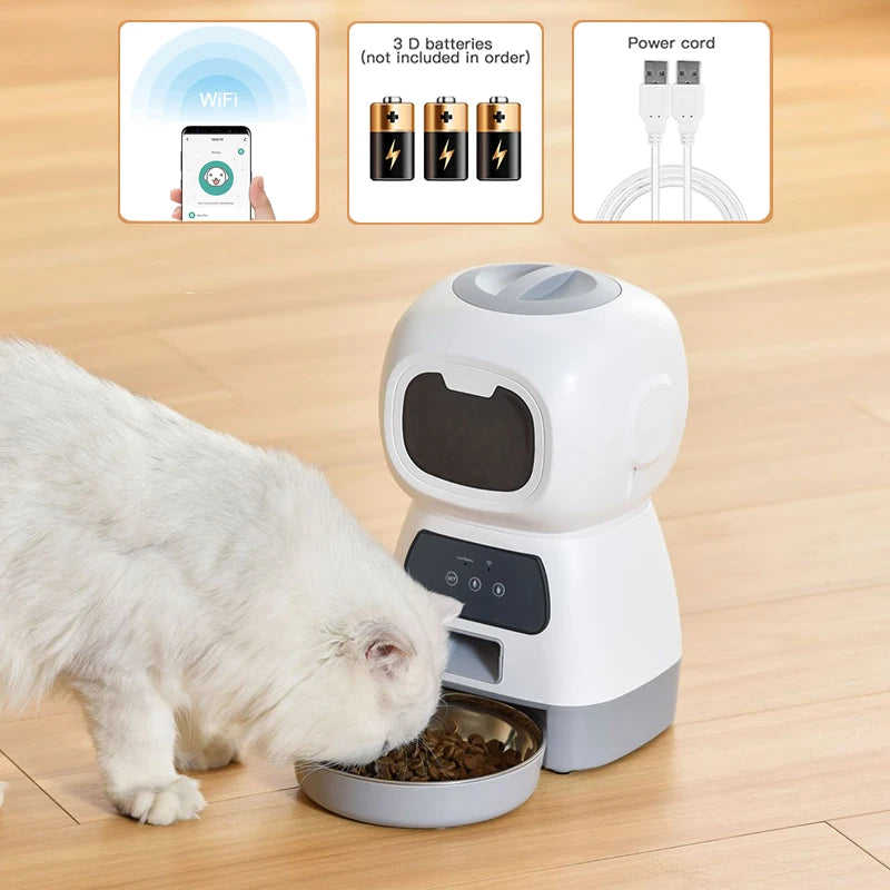 Smart APP 3L Pet Feeder, Pet feeder powered by D batteries, requiring WiFi and separate battery purchase for remote feeding control.