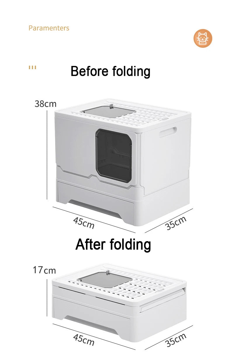 VOFORD Front Entry Top Exit Cat Litter Box, Compact storage solution with a lid that folds down to 17cm, measuring 38cm/45cm in length and 35cm in width.