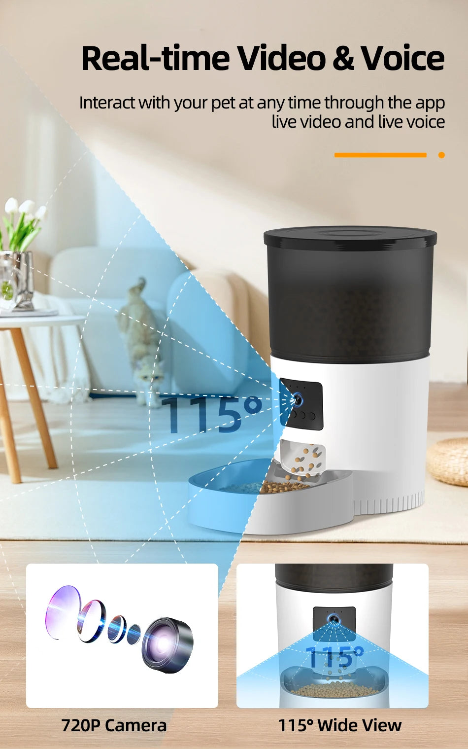 ROJECO Automatic Cat Feeder, Live video and audio feed to interact with pet remotely through smartphone.