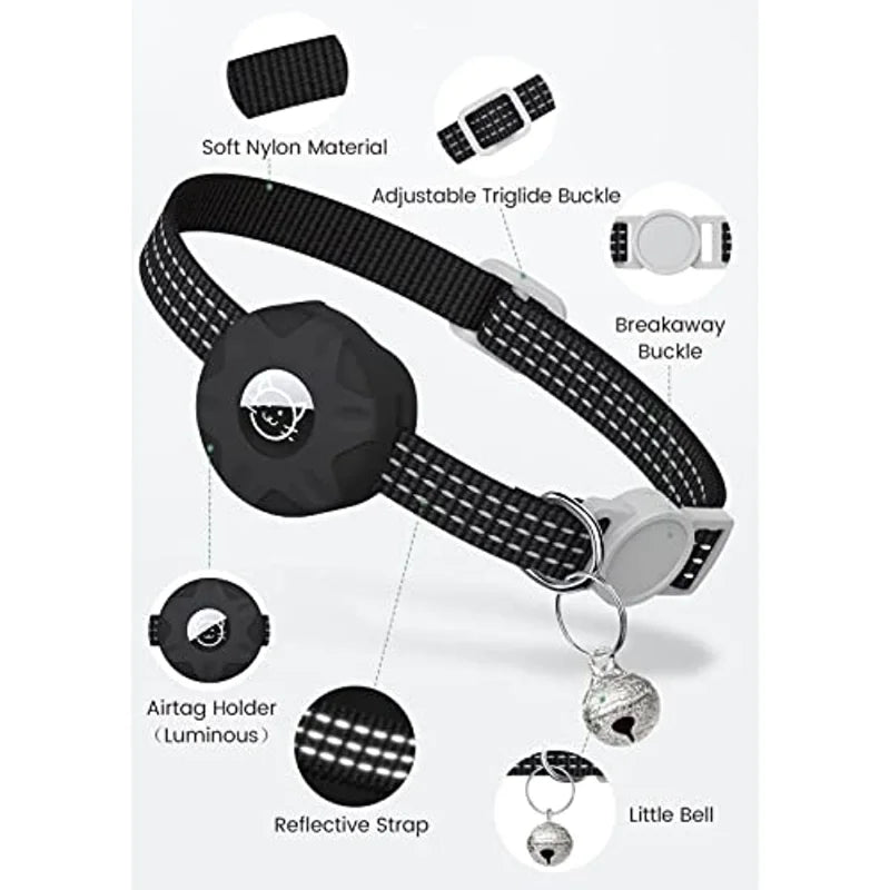 AirTag Cat Collar, Adjustable cat collar with reflective strap, bell, and AirTag holder for increased visibility.