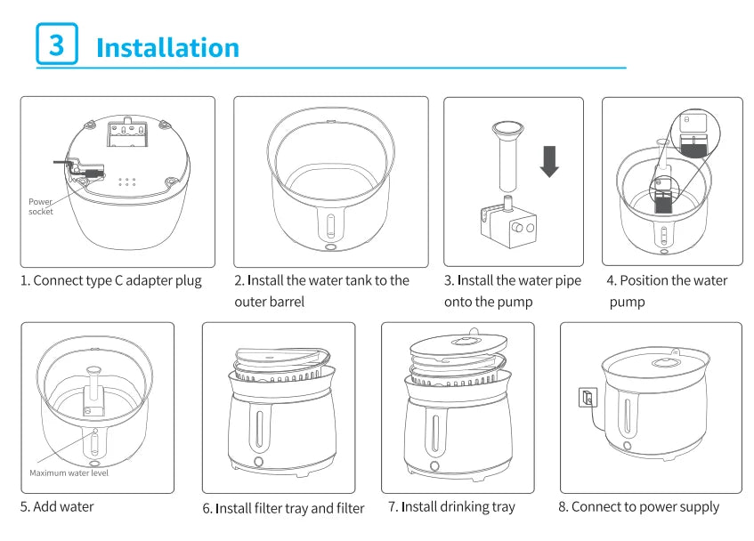2L Cat Water Fountain, Installing a water purifier: plug in, attach tank, position barrel, add water, install filter, and connect to power.