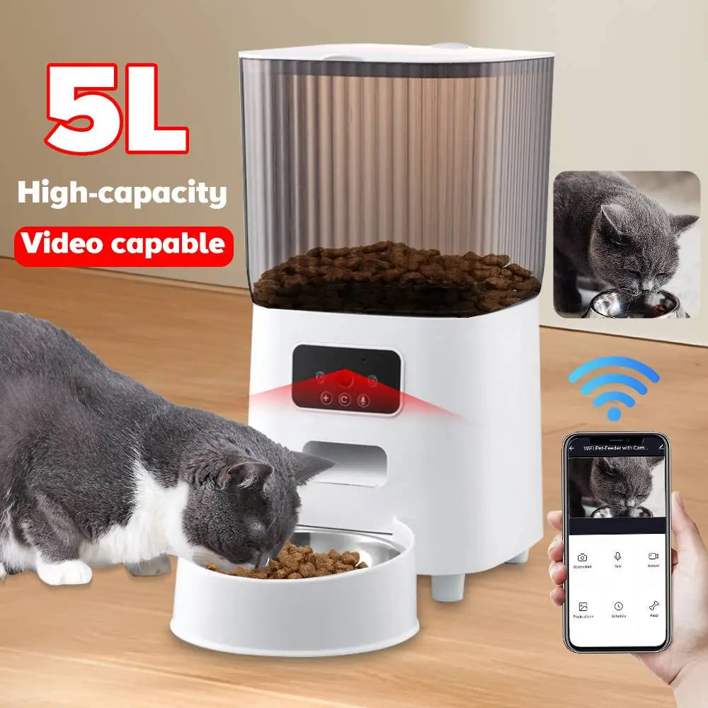 5L Automatic Cat Feeder - WiFi with Camera HD Smart Interactive Pet Food Dispenser Timer Stainless Steel Bowl Auto Dog Feeder