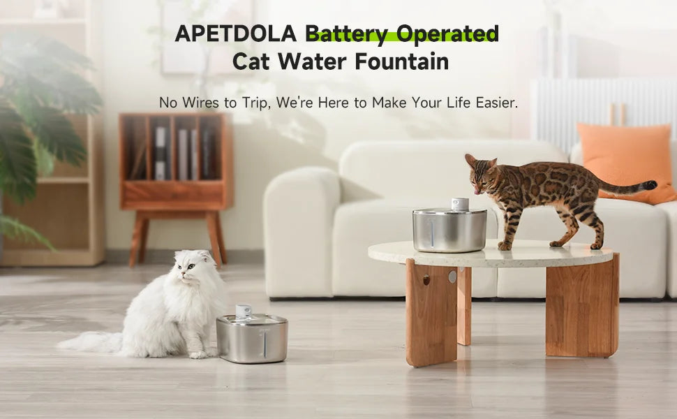 APETDOLA 4L Wireless Cat Water Fountain, Wireless cat water fountain with motion sensor and battery power for convenient pet care.