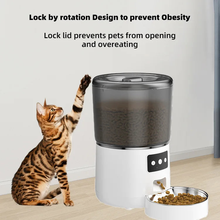 Tuya Smart WiFi 4L Pet Feeder, Secure lid design prevents overeating with rotational locking mechanism.