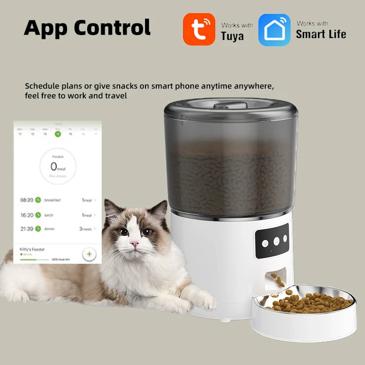 Tuya Smart WiFi 4L Pet Feeder, Remote pet food control through the Tuya Smart Life app for scheduling and dispensing treats on-the-go.