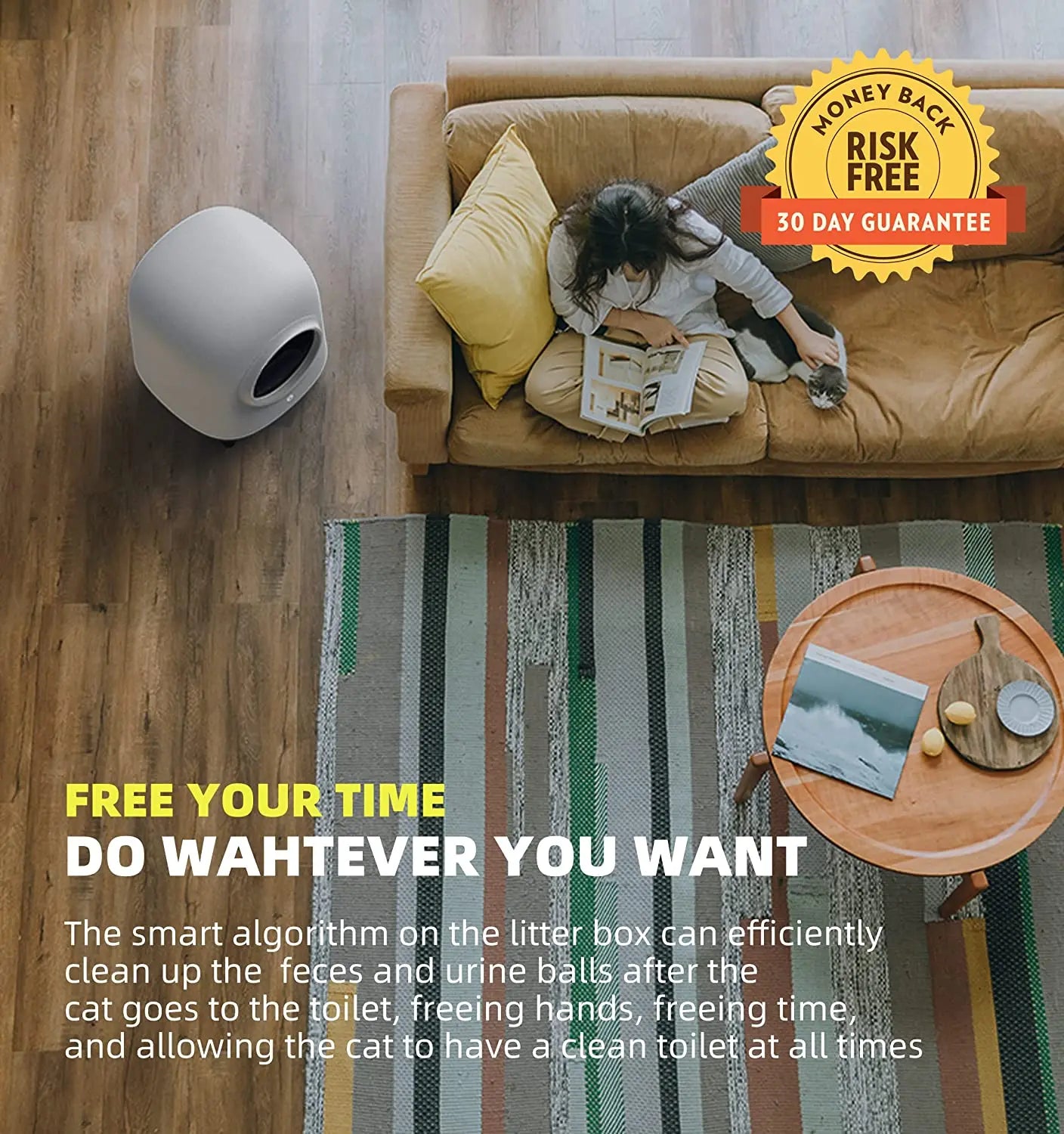 Automatic Cat Litter Box, Self-cleaning litter box for cats; 30-day risk-free guarantee for a clean and hands-free experience.