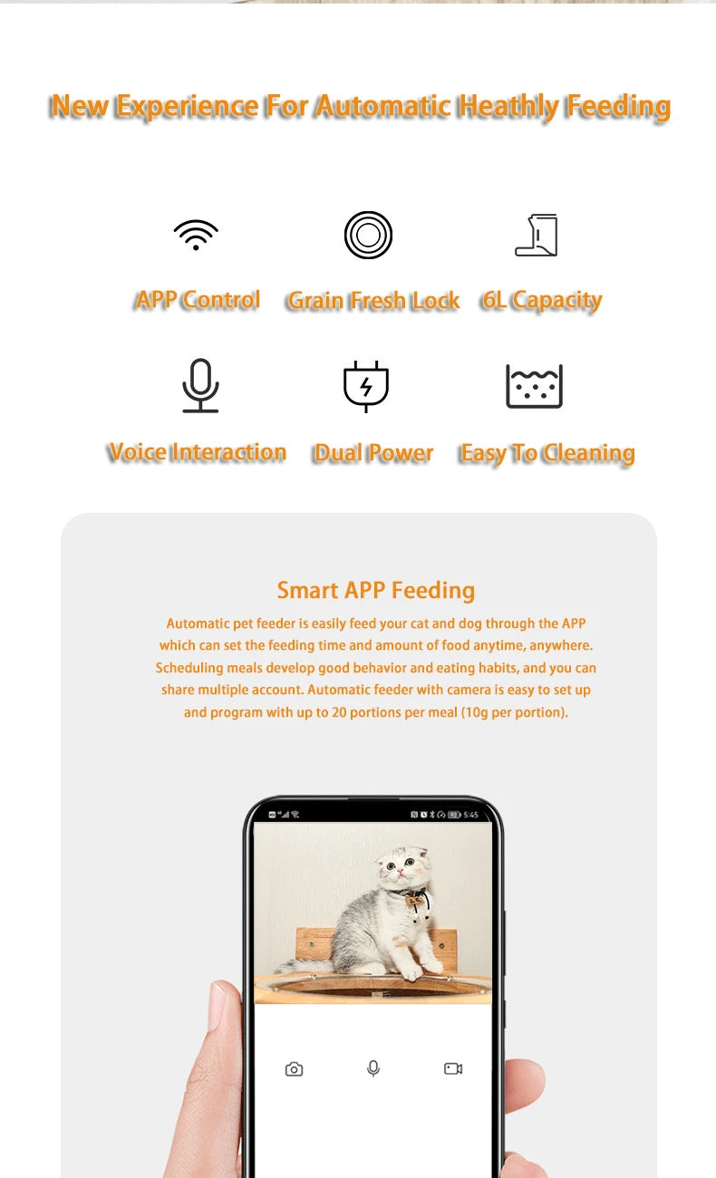 6L Automatic Cat Feeder, Smart Feeder: WiFi-enabled, app-controlled feeder for cats and dogs with customizable meals and portion sizes.