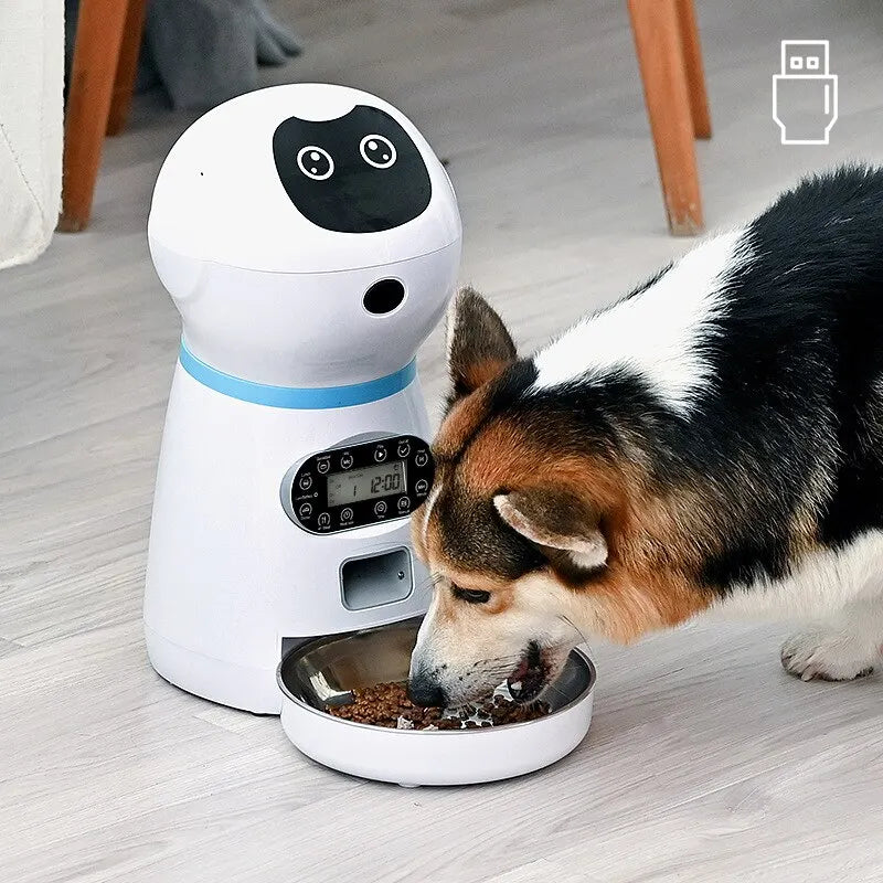3.5L Automatic Pet Feeder, Modern design with LCD display showing time, schedule, and food level.