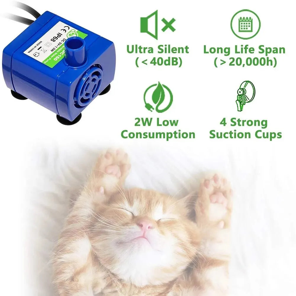 Water Pump LED Light Pet Cat Water Fountain, Quiet and long-lasting water pump motor with low energy consumption and durable design.