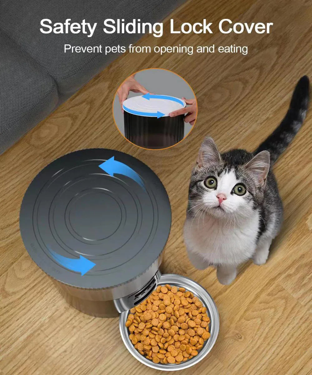 4L Pet Feeder, Sliding lock cover prevents accidental openings and pet access.