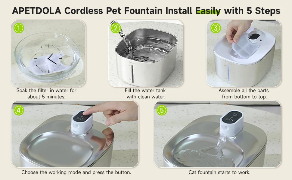 APETDOLA 4L Wireless Cat Water Fountain, Easy installation in 5 steps: soak, fill, assemble, and press to start.