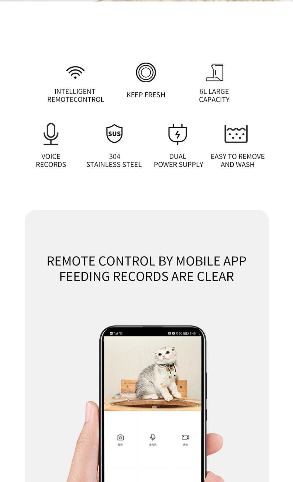 6L Automatic Cat Feeder, Intelligent pet feeder with large capacity and keep-fresh design features remote control, voice recordings, and easy cleaning.