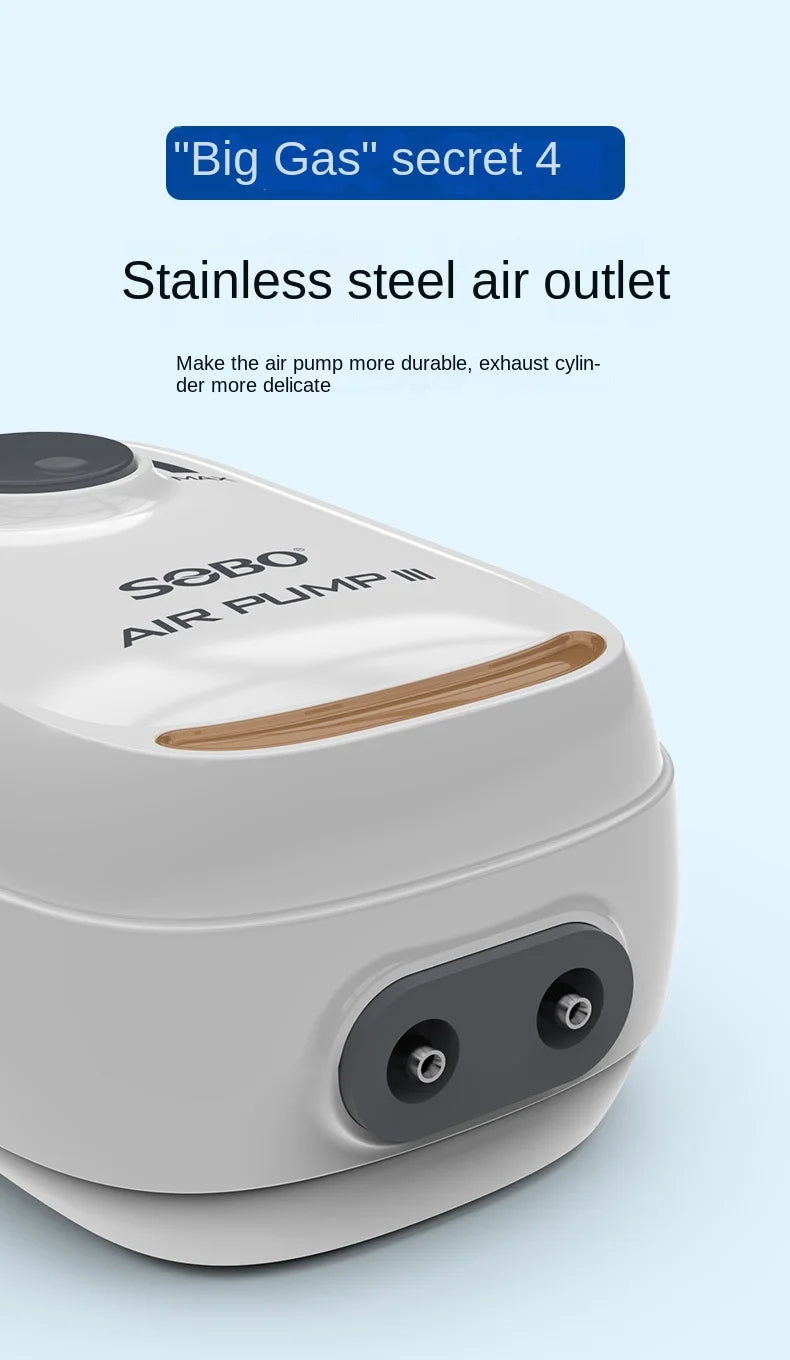 SOBO High Power 3W 6W Mute Oxygen Pump, Four stainless steel outlets enhance durability and delicately exhaust air, making the pump more robust.