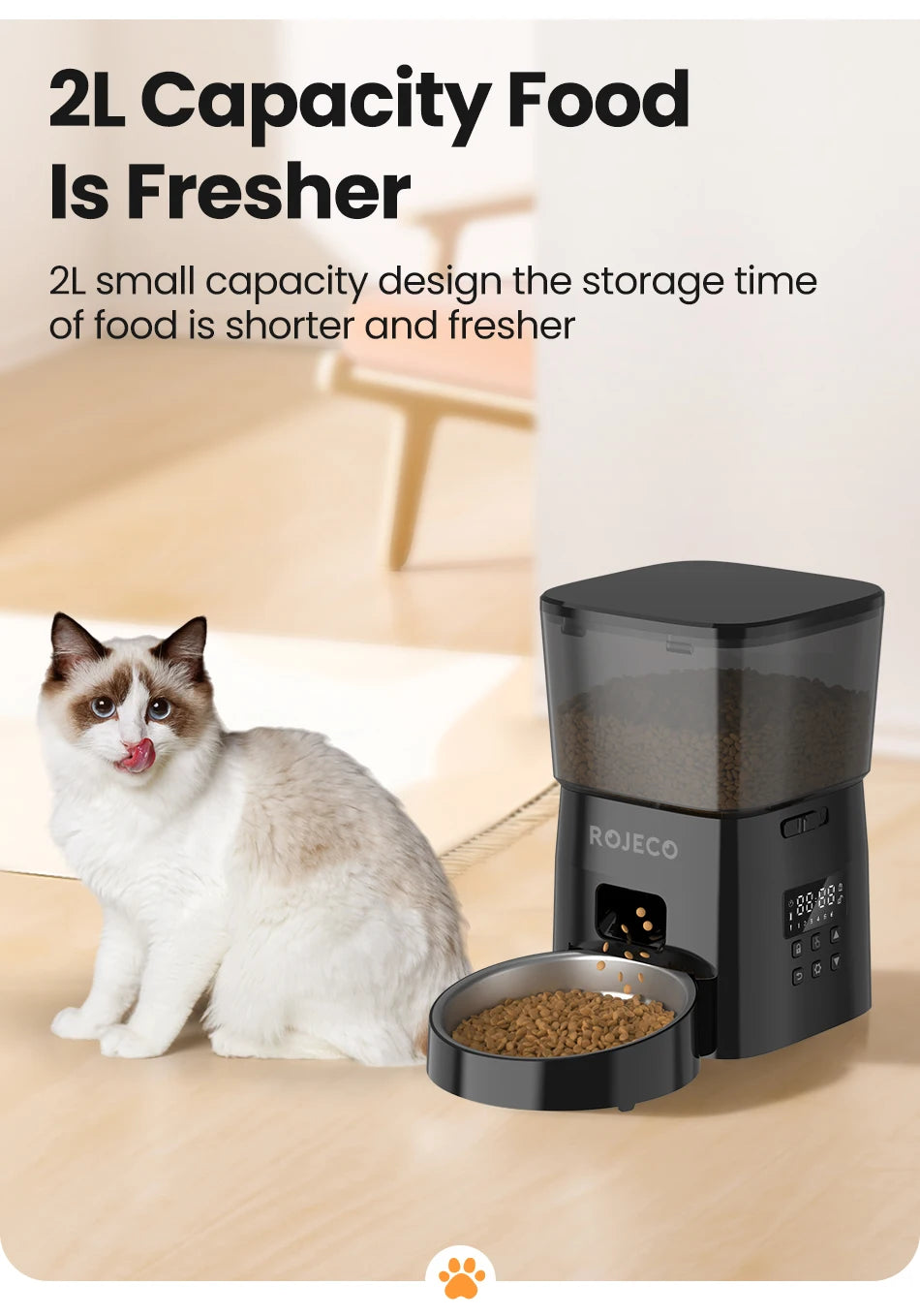 ROJECO Automatic Cat Feeder, Fresh food storage for up to 48 hours with ROJECO's innovative feeder, minimizing spoilage.