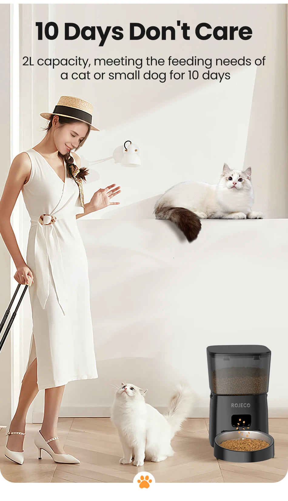 ROJECO Automatic Cat Feeder, Smart status indicator shows remaining food level and allows easy refills.