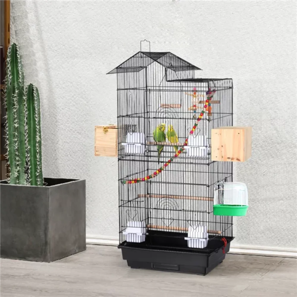 SMILE MART 39" Metal Bird Cage, Cozy black bird cage with perches and toys, perfect for small birds to relax and play.
