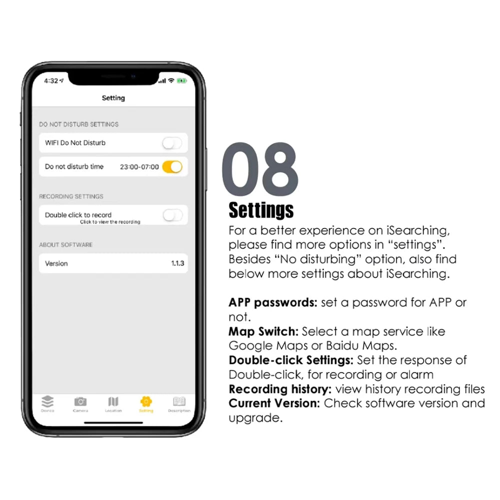 Pet GPS Tracker Smart Locator, Customizable GPS tracker with features like Do Not Disturb mode and recording settings.