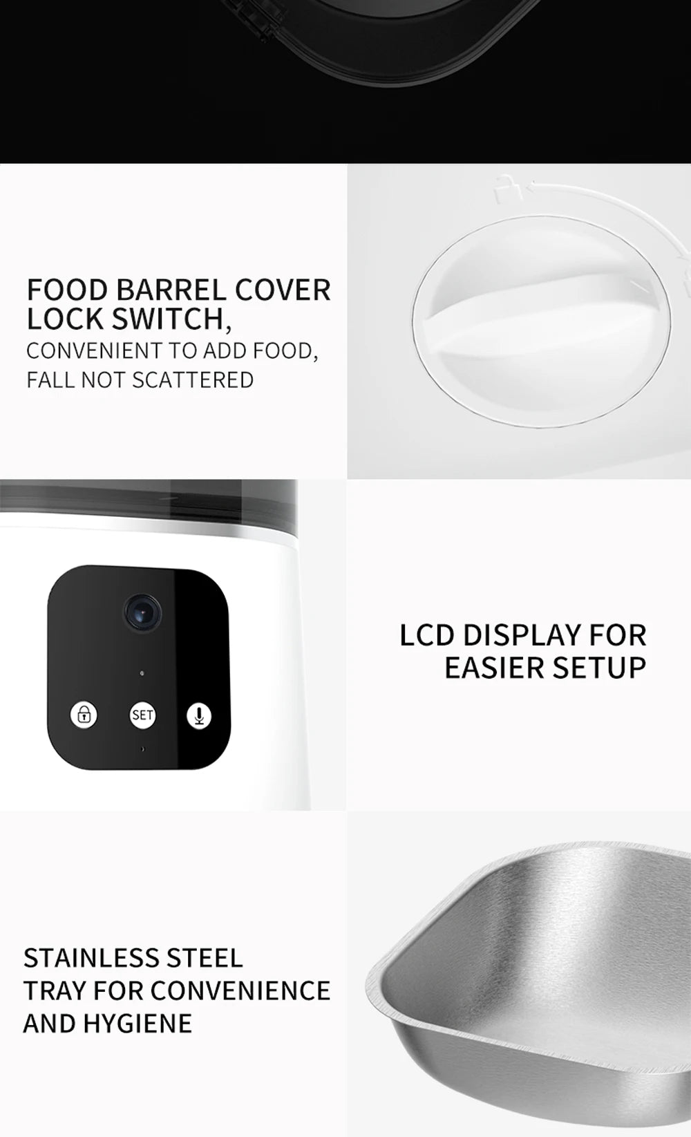 6L Automatic Cat Feeder, Food barrel with lock, LCD display, and stainless tray for convenient and hygienic storage.