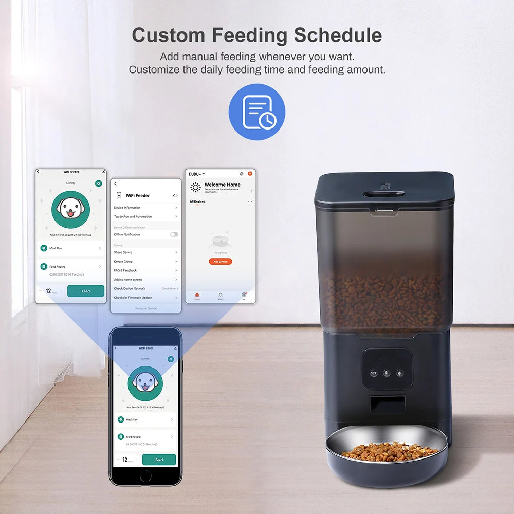 6L Cat Timing Feeder, Customize pet feeding schedules and amounts with Tuya app for convenient remote access.