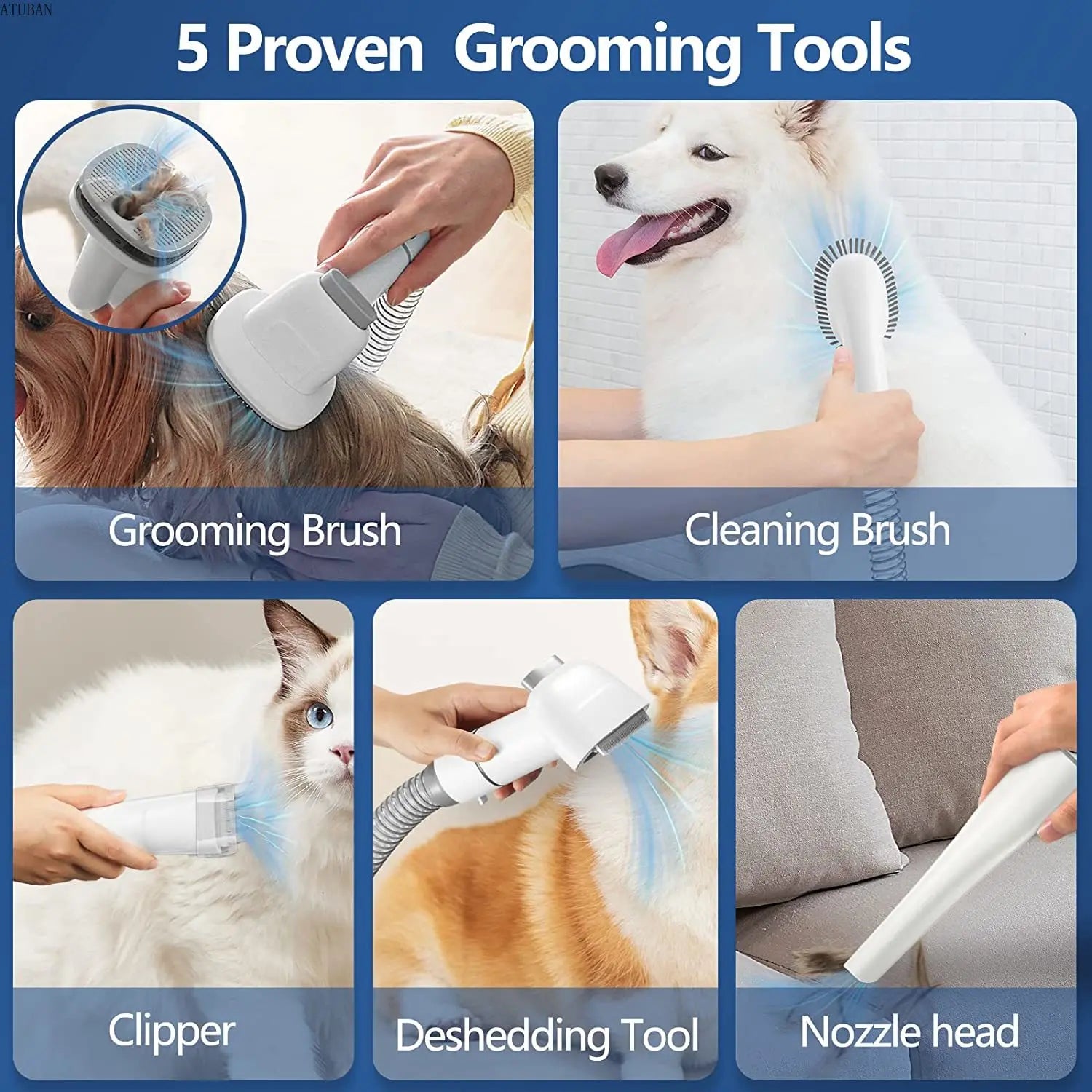Pet Grooming Kit with 5 Essential Tools for Effective Pet Hair Removal.