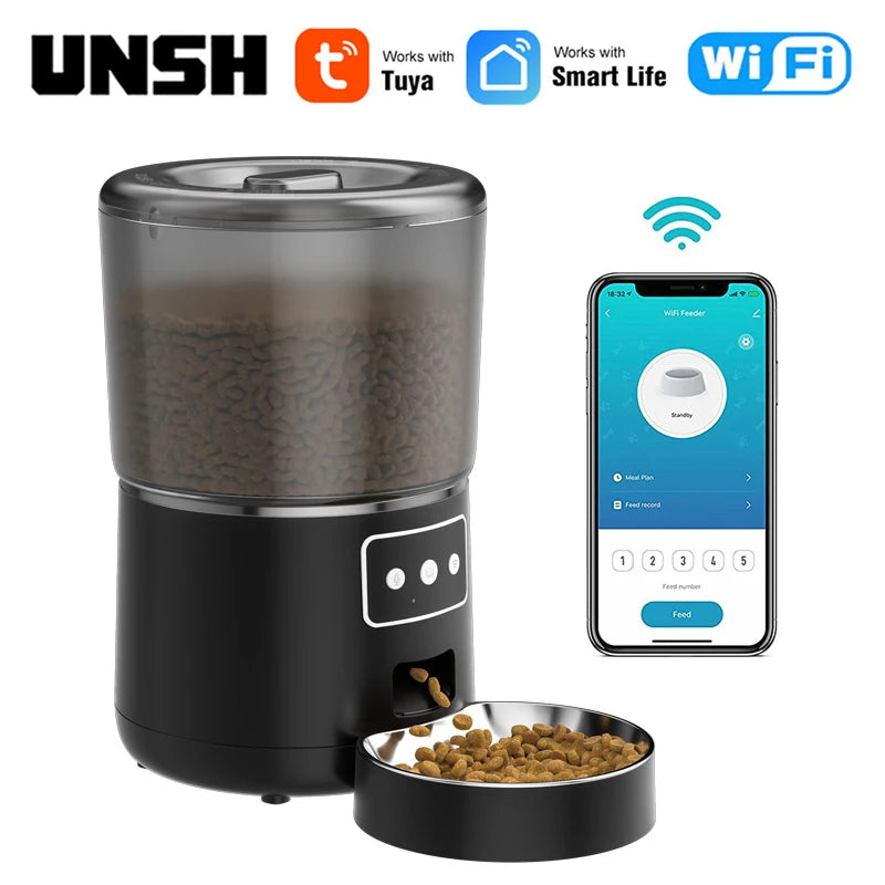 Tuya Smart WiFi 4L Pet Feeder, Compatible with UNISH Smart Life and Tuya WiFi systems.