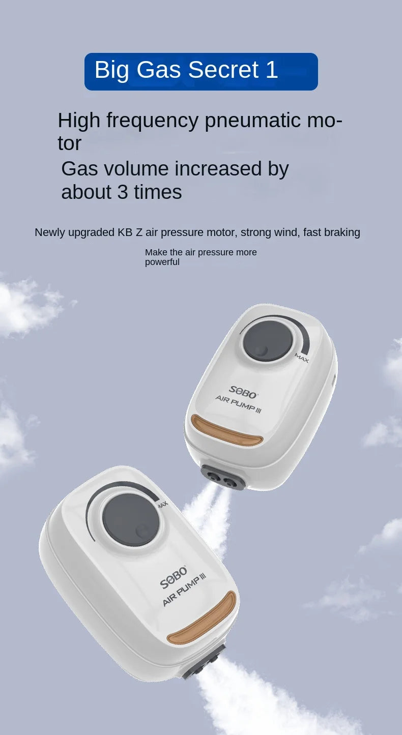 SOBO High Power 3W 6W Mute Oxygen Pump, High-frequency motor increases gas volume, while updated air pressure motor provides strong winds and rapid braking.