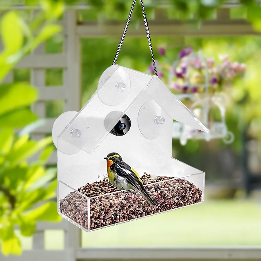 Smart Bird House - Pet Feeder Acrylic with Camera Home Pet Bird Feeder Transparent 1080P HD Easy Installation for Outdoor Garden