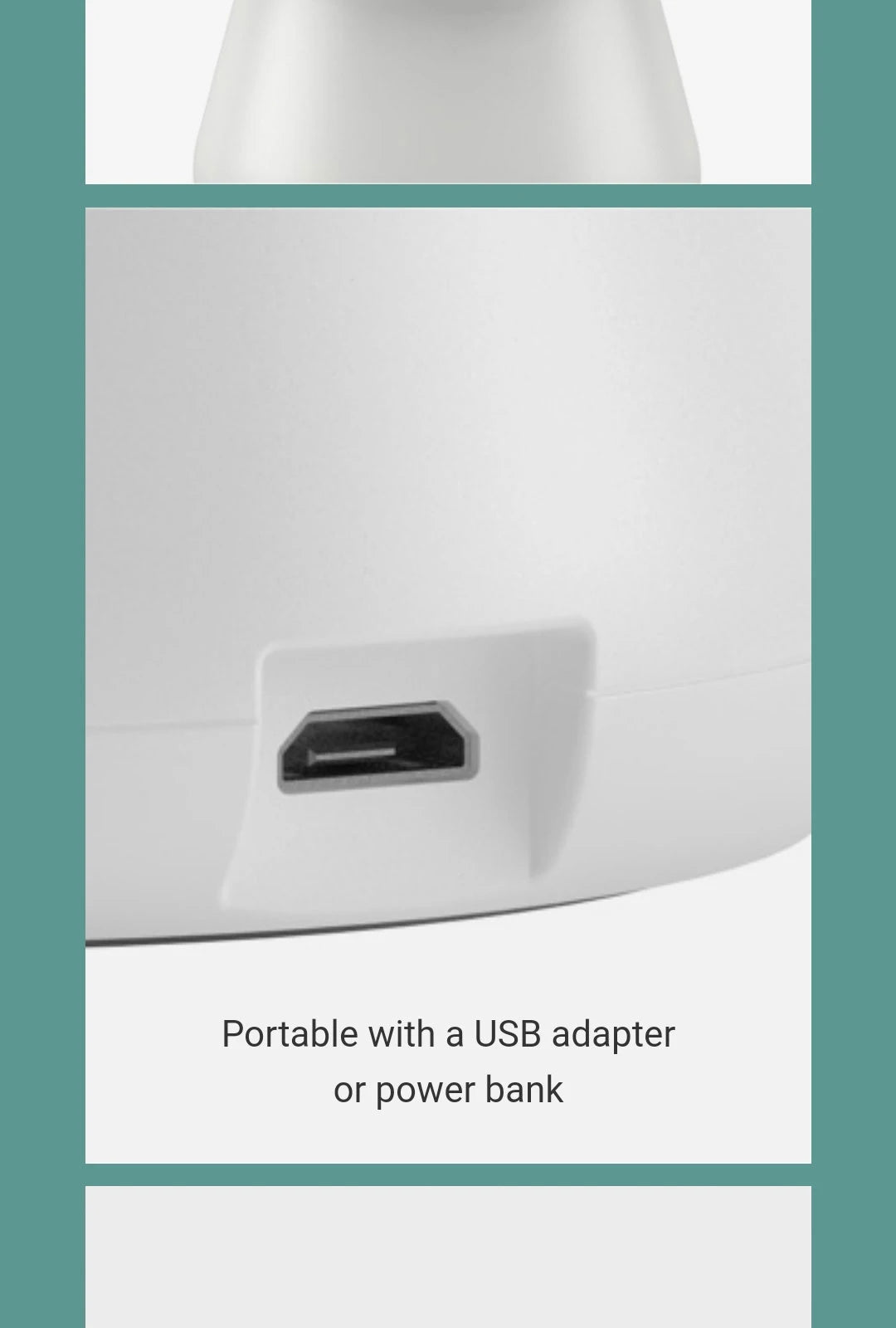 Conveniently powered by USB adapter or portable power bank.