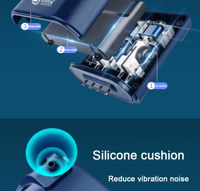 Silent Aquarium Oxygen Air Pump, Outer shell and inner shell design; chamber with silicone cushion reduces vibration noise.