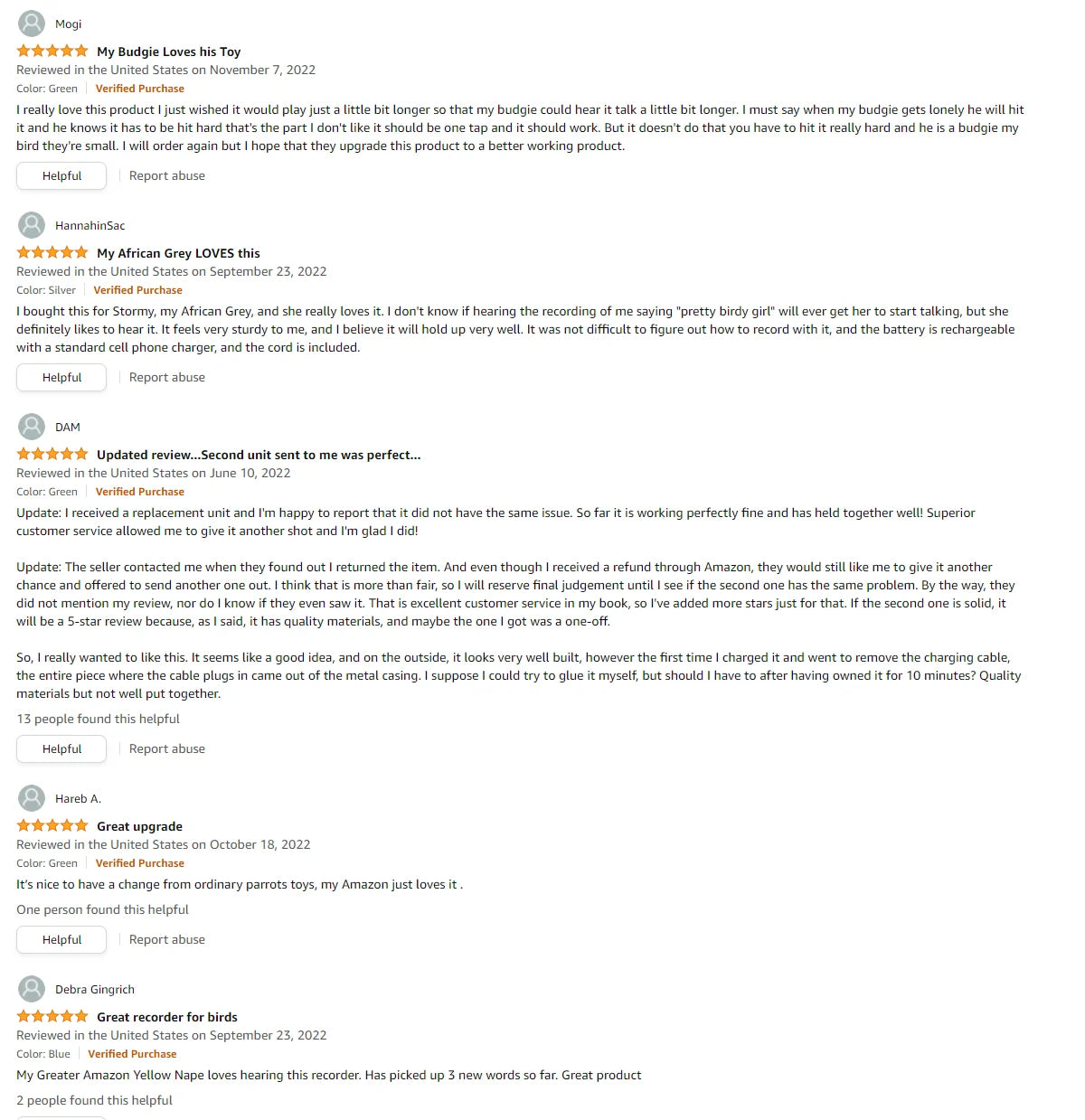 Budgie parrot toy plays recordings; feels sturdy, rechargeable, and has excellent customer service.