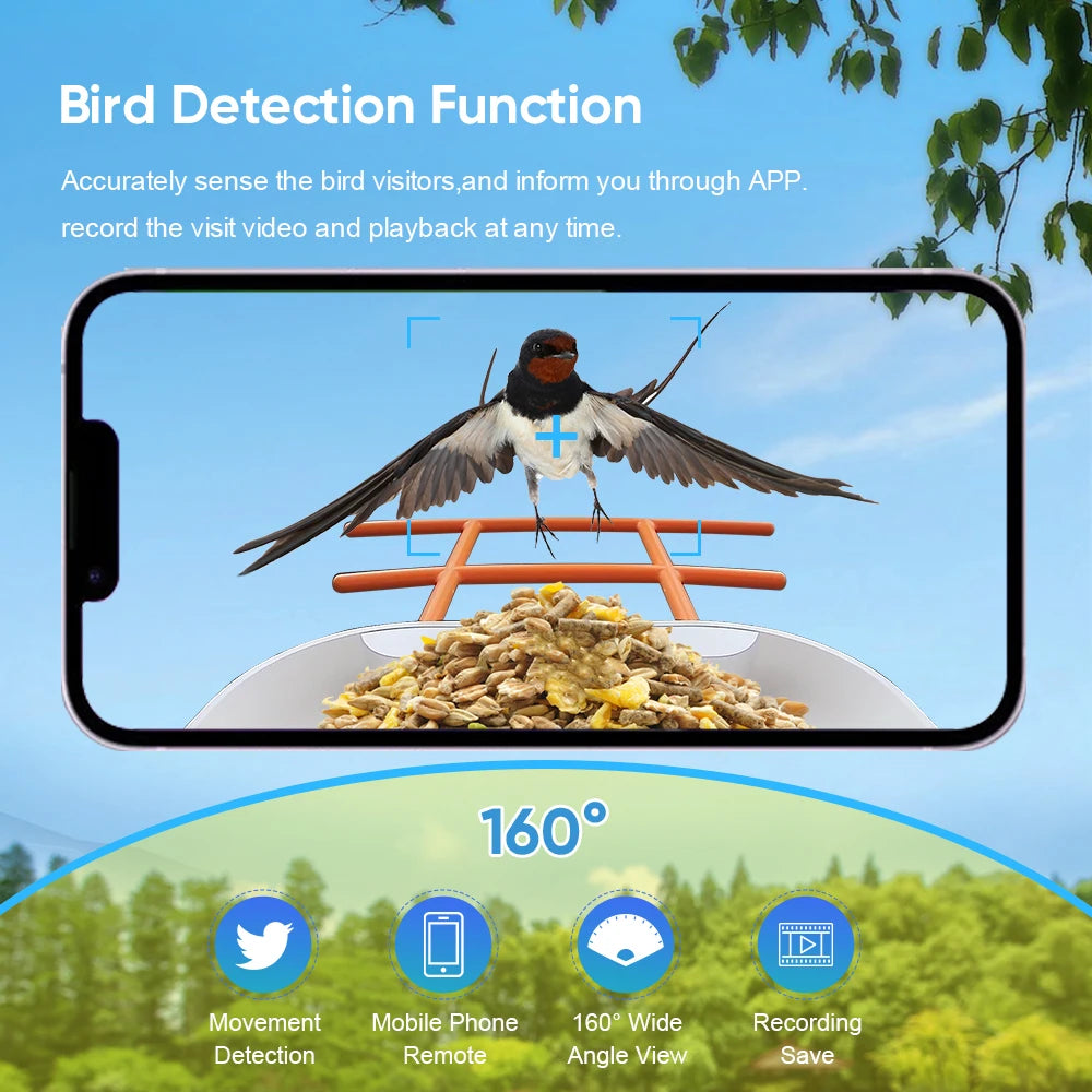 New Bird Feeder, Monitor bird feeders remotely with app notifications, video recordings, and wide-angle views (160°).