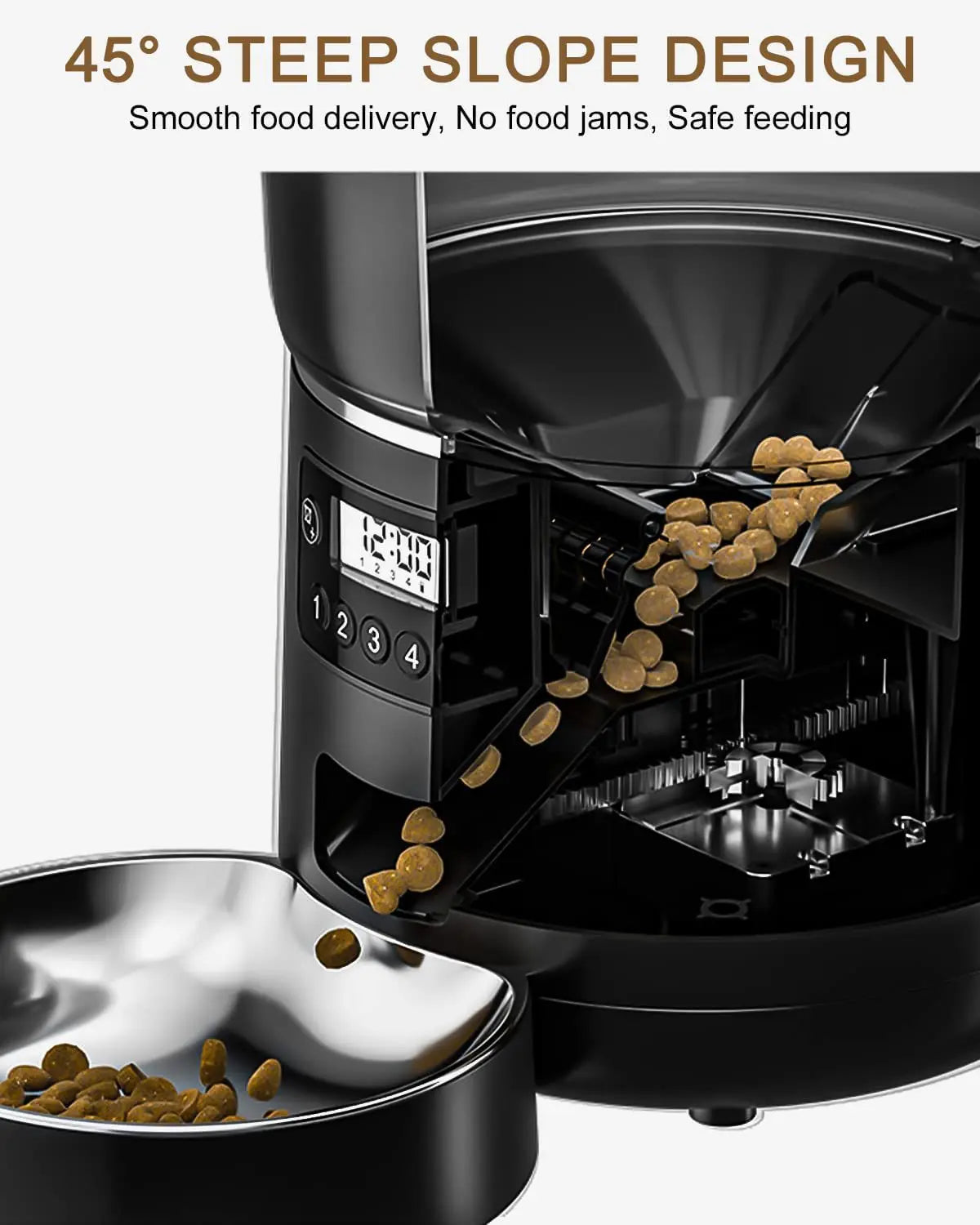 Tuya Smart WiFi 4L Pet Feeder, Smooth 458-degree slope design ensures safe and jam-free food delivery for your pets.