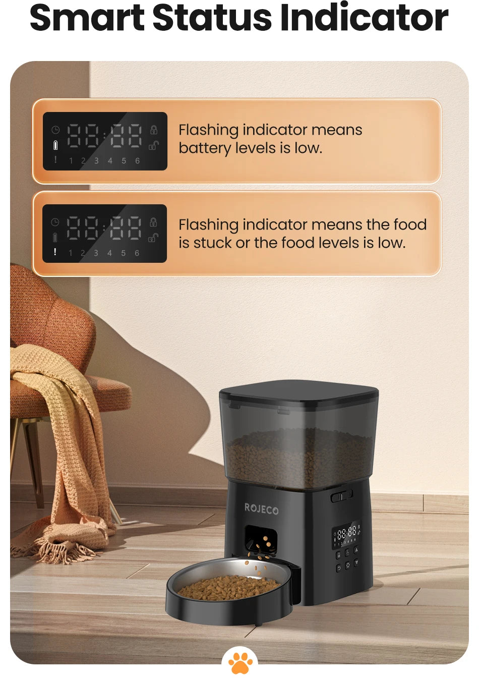 ROJECO Automatic Cat Feeder, Smart feeder alerts you to battery lows, food jams, and low levels with flashing indicators.
