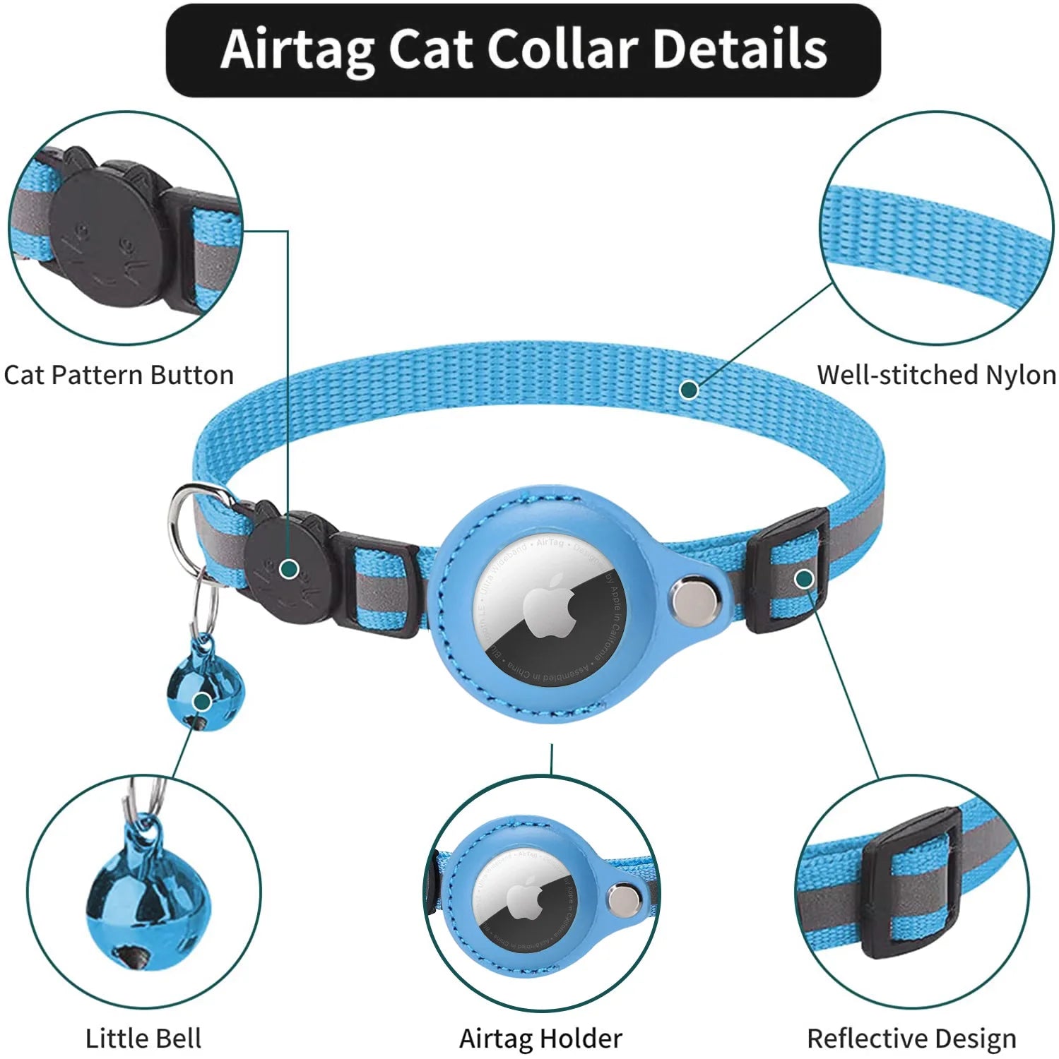 Anti-Lost Pet Cat Collar, Vibrant cat-patterned nylon collar with reflective details, bell charm, and AirTag holder for tracking.