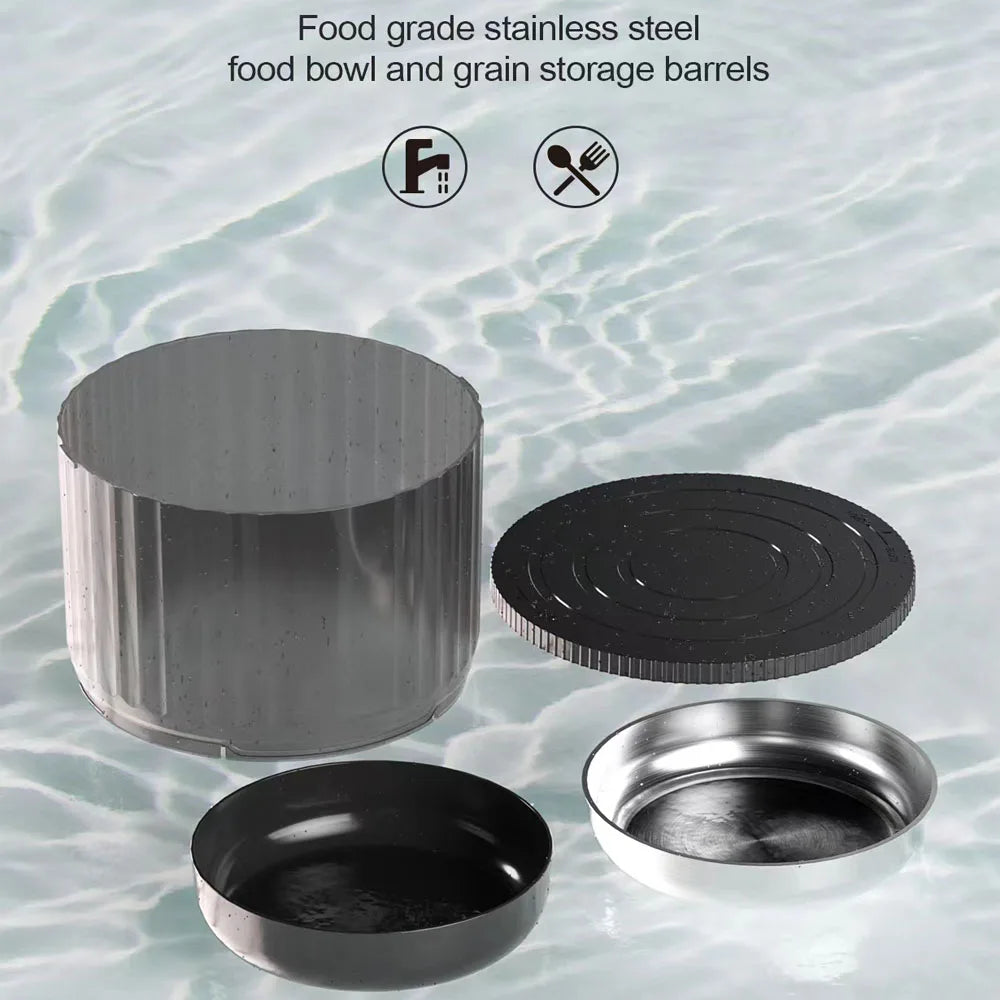 4L Pet Feeder, Features food-grade stainless steel bowls and storage for pet food.