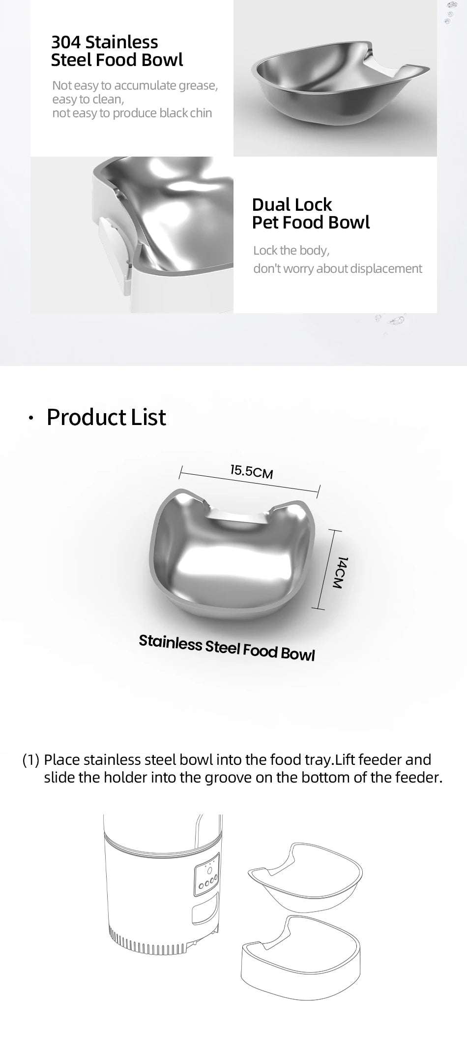 ROJECO Stainless Stee Feeder, 304 Stainless Steel Food Bowl: Grease-resistant and easy to clean with a secure locking design.